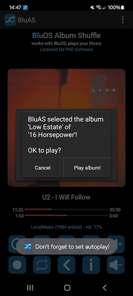Example of BluAS app, select another artist