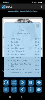 Example of BluAS app, show track list