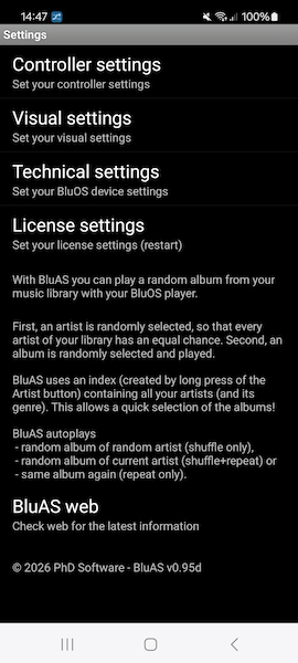 Example of BluAS app, settings